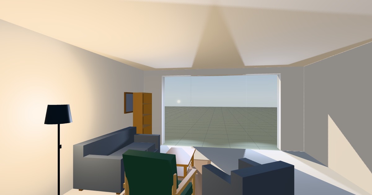 A rendered living room seen from the hallway end. In the foreground a low
                armchair with a pale birch frame and dark green cushions stands beside a navy
                fabric armchair, with a sofa, bookshelf and garden window beyond them.