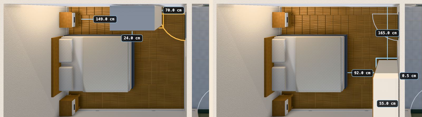 Two views of the same bedroom from above. Left: a wardrobe beside the door, its
                corner inside the door's swing, which is drawn in amber, with 24.0 cm between it
                and the bed. Right: the wardrobe moved to the wall at the foot of the bed, with
                92.0 cm in front of it and the door swing drawn clear.