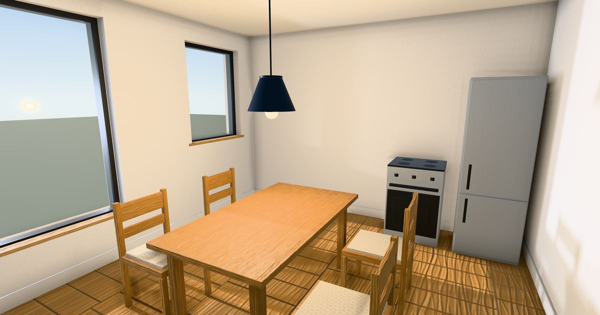 A rendered dining area at eye level: an oak table with four ladder-back chairs
                under a dark pendant lamp, a tall window on the left, and a freestanding cooker and
                fridge-freezer against the far wall.