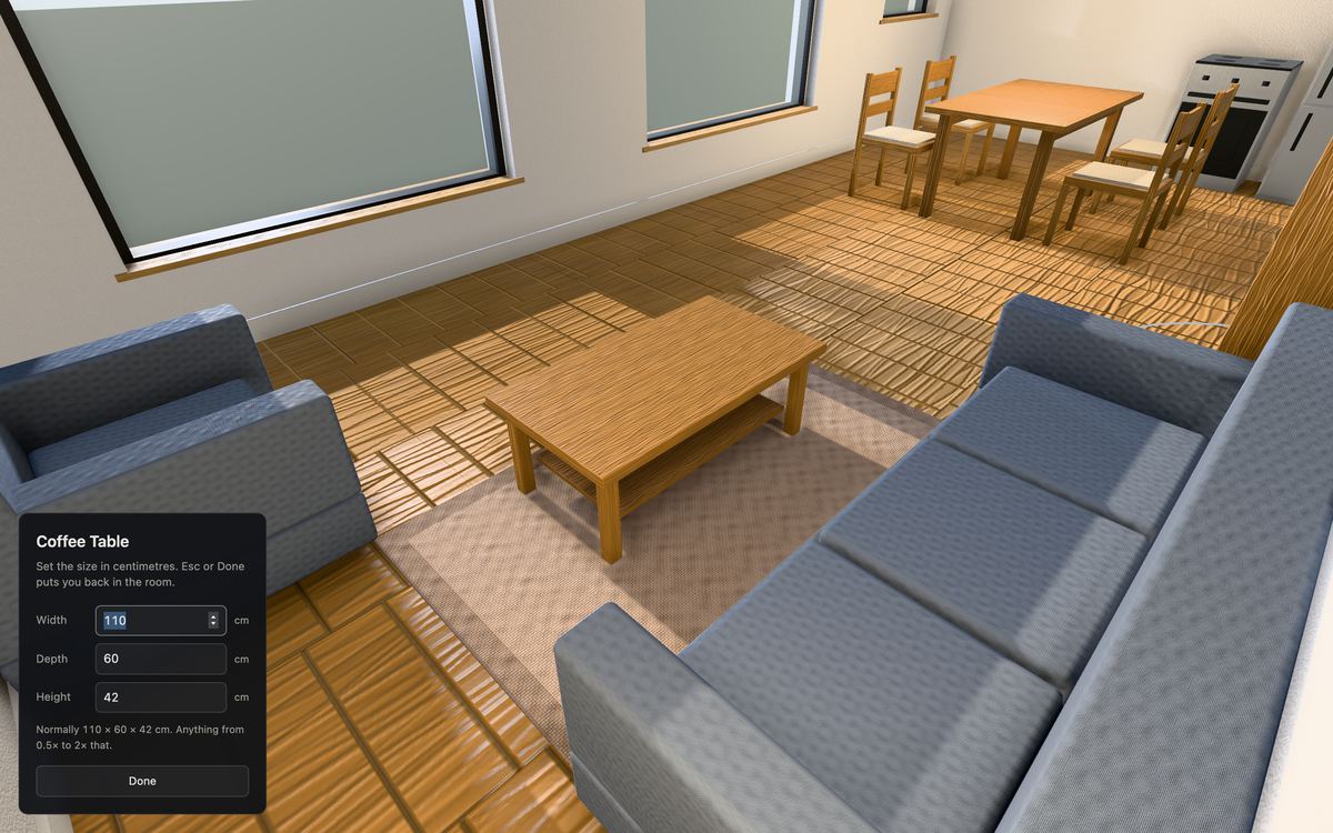 The resize panel for the coffee table, with width 110, depth 60 and height 42
                centimetres, over a three-quarter view of the table standing on a rug between a
                blue sofa and an armchair.