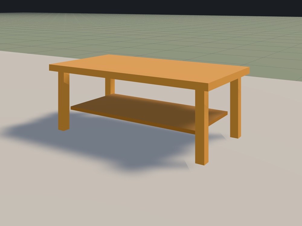 An oak coffee table rendered in three-quarter view: a rectangular top, four
                square legs and a lower shelf, casting a soft shadow on a pale floor.