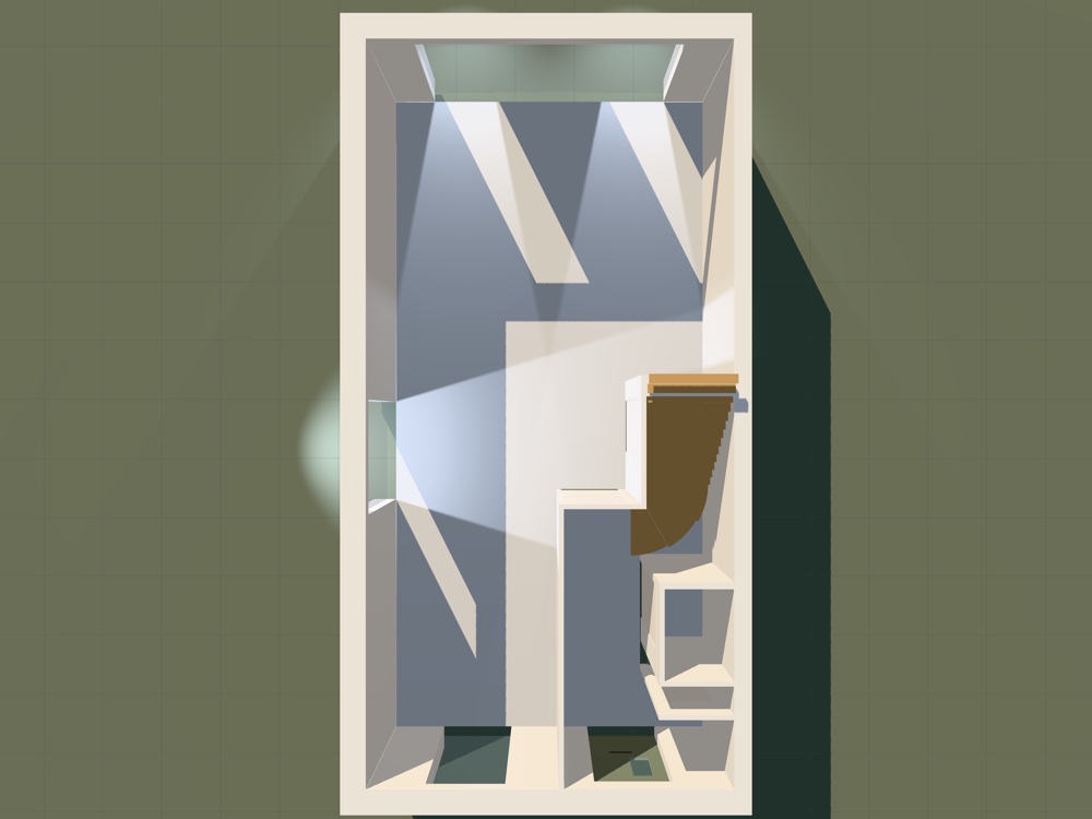 The same ground floor seen from directly above with the ceilings hidden:
                three pale wedges of light reach in from three separate openings, two from
                the top wall and a wider fan from the left, each one cut to the shape of its
                own window.