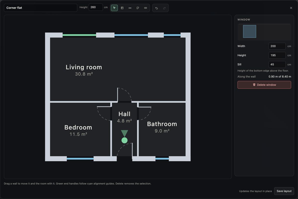 The Duimstok layout editor showing a floor plan of a flat with a living room of
                30.8 square metres, a bedroom, a hall and a bathroom, door swings drawn as dashed
                arcs, and a selected window whose width, height and sill are listed in centimetres
                on the right.
