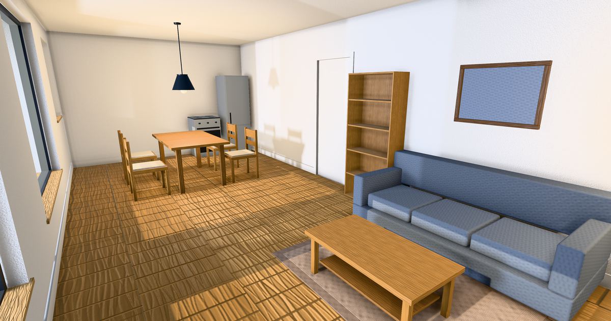 The living room of the flat at eye level: a blue sofa and coffee table on a rug
                in the foreground, a bookcase and a framed picture on the wall, and a dining table
                with four chairs under a pendant lamp by the kitchen at the far end.