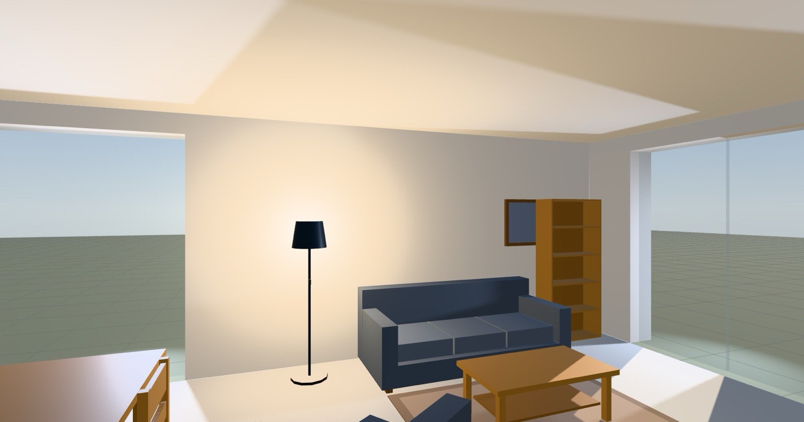 A rendered living room: a navy three-seat sofa against the left wall, a
              tall oak bookshelf and a framed picture behind it, a lit floor lamp throwing a
              warm pool on the plaster, and a full-height garden window on the right.