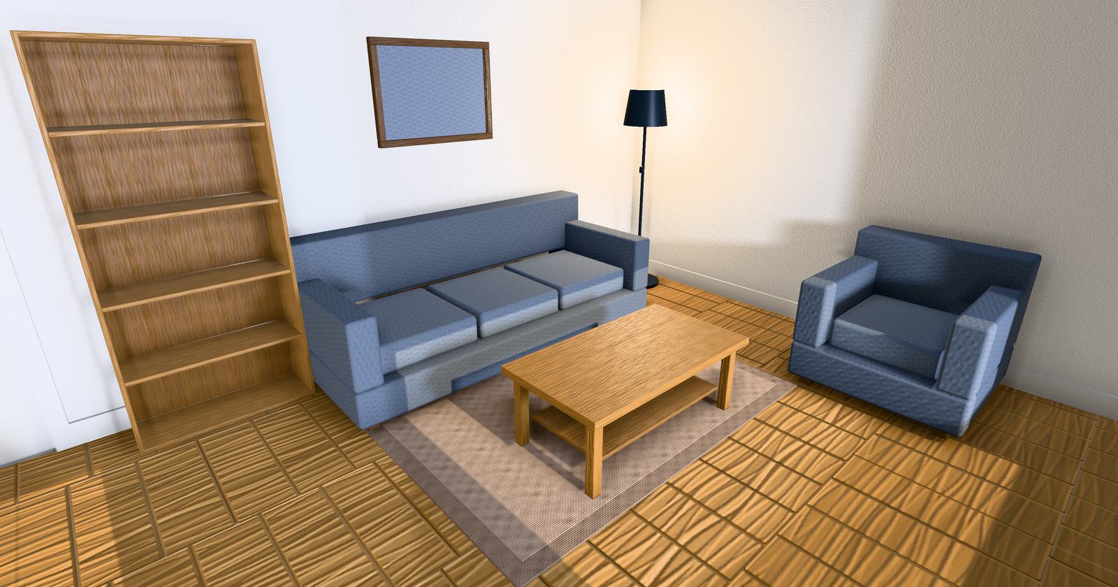 A rendered living room seen from above and to one side: a blue three-seat sofa
              against the wall, an oak coffee table on a rug in front of it, a blue armchair
              beside the window, a floor lamp in the corner and a tall oak bookcase.