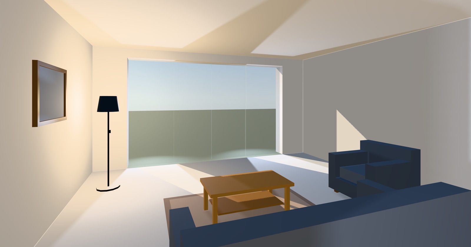 A living room rendered in three.js: a floor lamp throwing a warm pool on
              the left wall, a full-height window filling the middle with cool daylight, a
              wedge of sunlight on the right-hand wall behind a navy armchair, and a
              framed picture, coffee table and sofa in between.