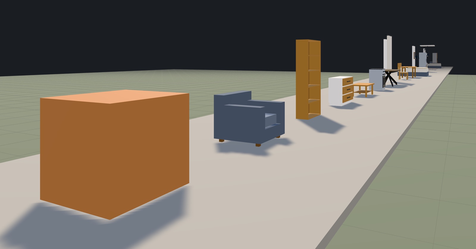A row of low-poly furniture standing on a pale deck: a one-metre orange
              reference cube, a blue armchair, a tall oak bookshelf, a white chest of
              drawers and an oak coffee table, with a dozen more pieces shrinking into
              the distance.