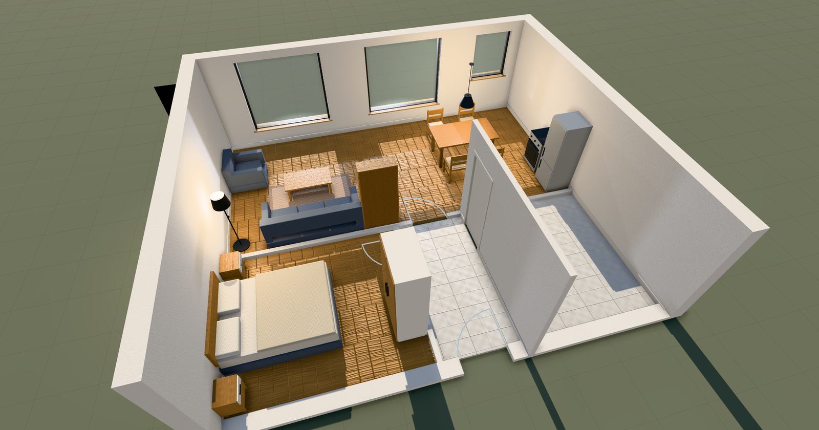 A furnished one-bedroom flat rendered in 3D and seen from above like a doll's
              house, with the nearest walls cut away: a living room with a sofa, dining table and
              kitchen along the windows, a bedroom with a double bed and wardrobe, a tiled hall
              and a bathroom.