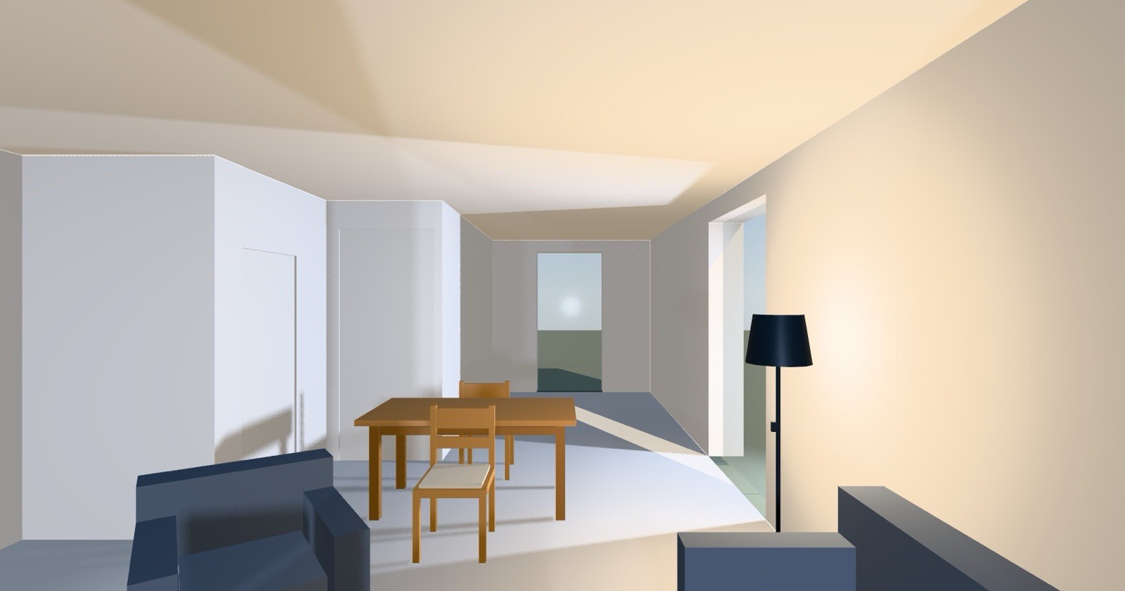 A rendered ground floor seen down its length: a dining table and chairs
              in the middle distance, a doorway on the right whose reveal shows the thickness
              of the wall, and a lit floor lamp standing against the far plaster.