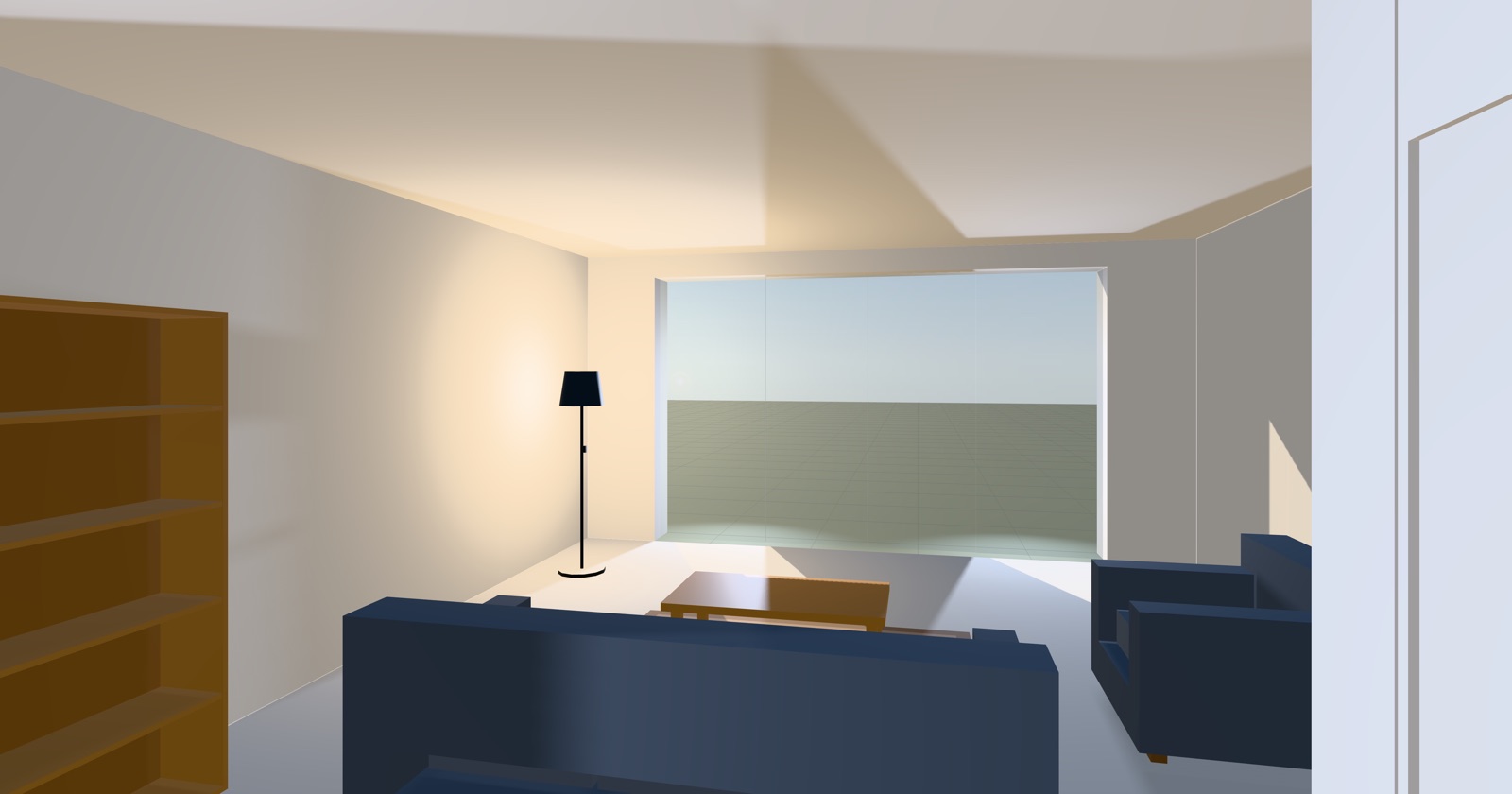 A rendered living room: a tall oak bookshelf on the left, a navy sofa seen
              from behind, a lit floor lamp throwing a warm pool on the wall, and cool
              daylight coming through a full-height window across the far wall.
