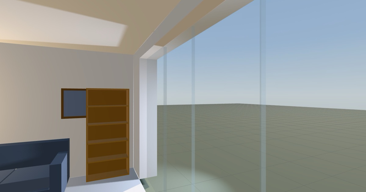 A rendered corner of a living room where a plastered pier meets a full-height
                garden window, seen at an angle so the depth of the wall's return face is
                visible against the glass, with a bookshelf on the left.