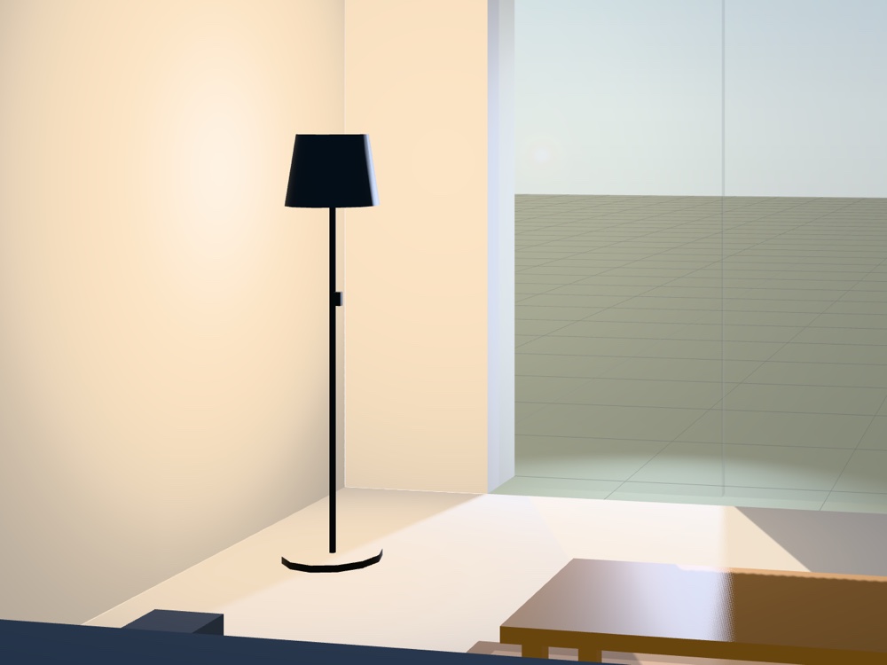A close crop of a rendered floor lamp at full capture resolution: a thin
                black pole, a curved shade, a soft warm gradient on the wall behind it and
                the crisp mullion of a window to the right.